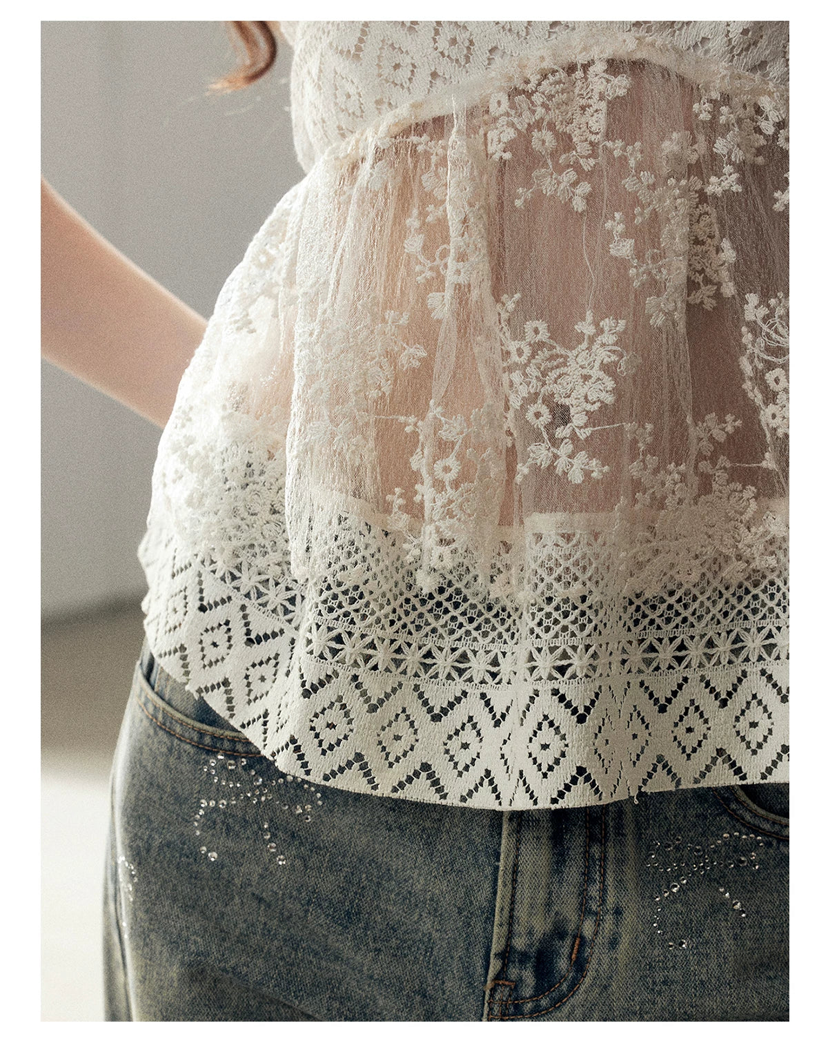 "Where the Waves Meet Her" Creamy Apricot White Lace Halter Sheer Top