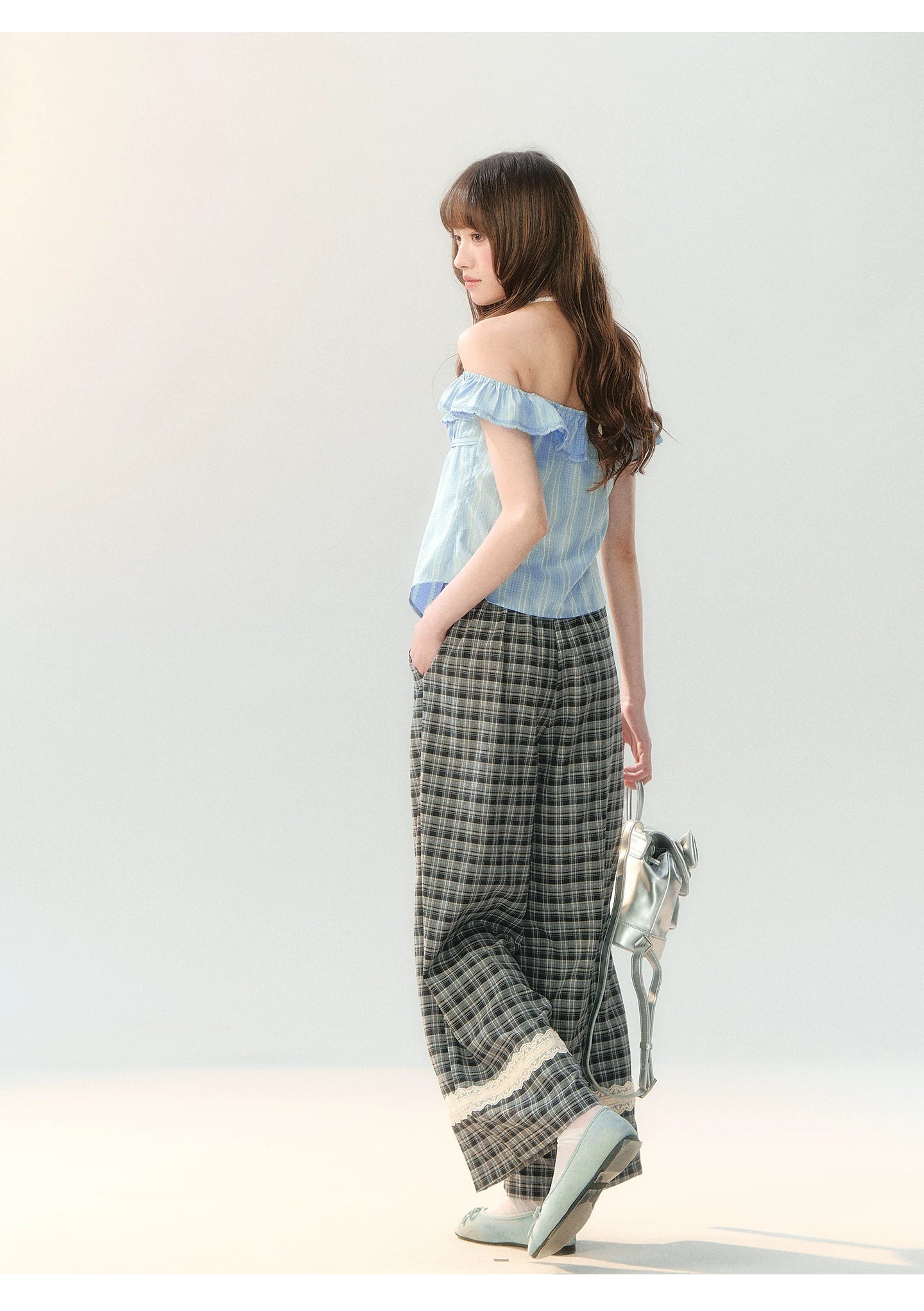 "Gray Cloud Flurry" Plaid Lace Hem Wide-Leg Pants SH2026205