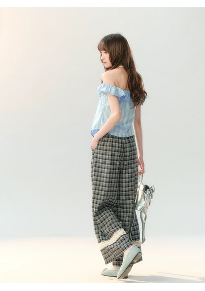 "Gray Cloud Flurry" Plaid Lace Hem Wide-Leg Pants SH2026205