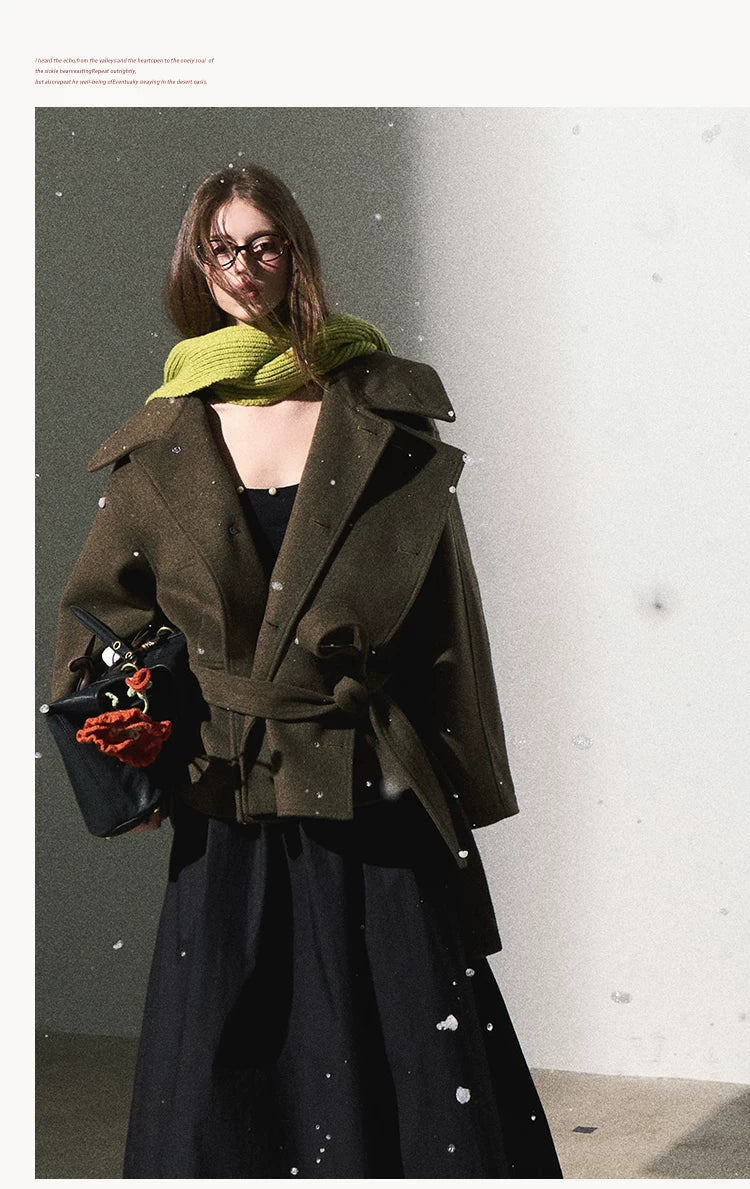 OAKMOO/ "The Flowers Are in Full Bloom" Jade Green Wool-Blend Short Belted Coat