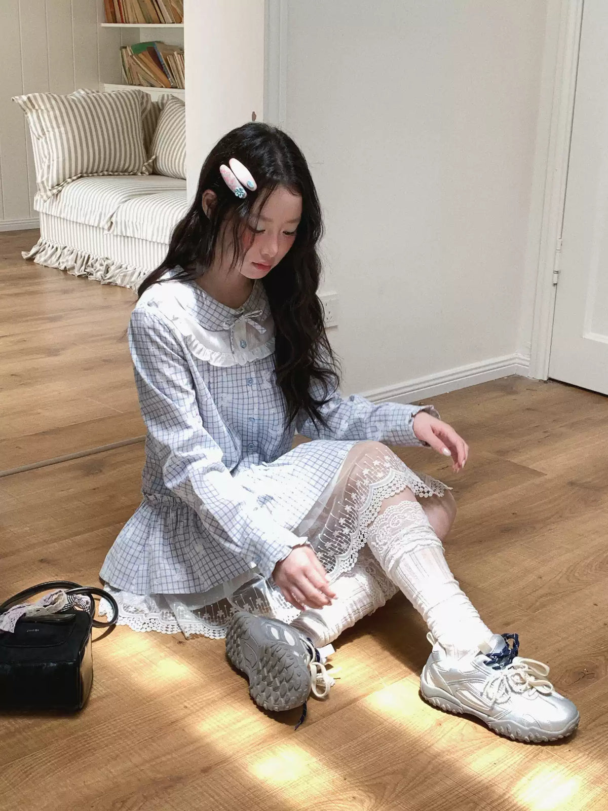 [[RF] “Blue Plaid Cloud Blossom” Baby Blue Plaid Long-Sleeve Ruffle Waist-Defined Dress