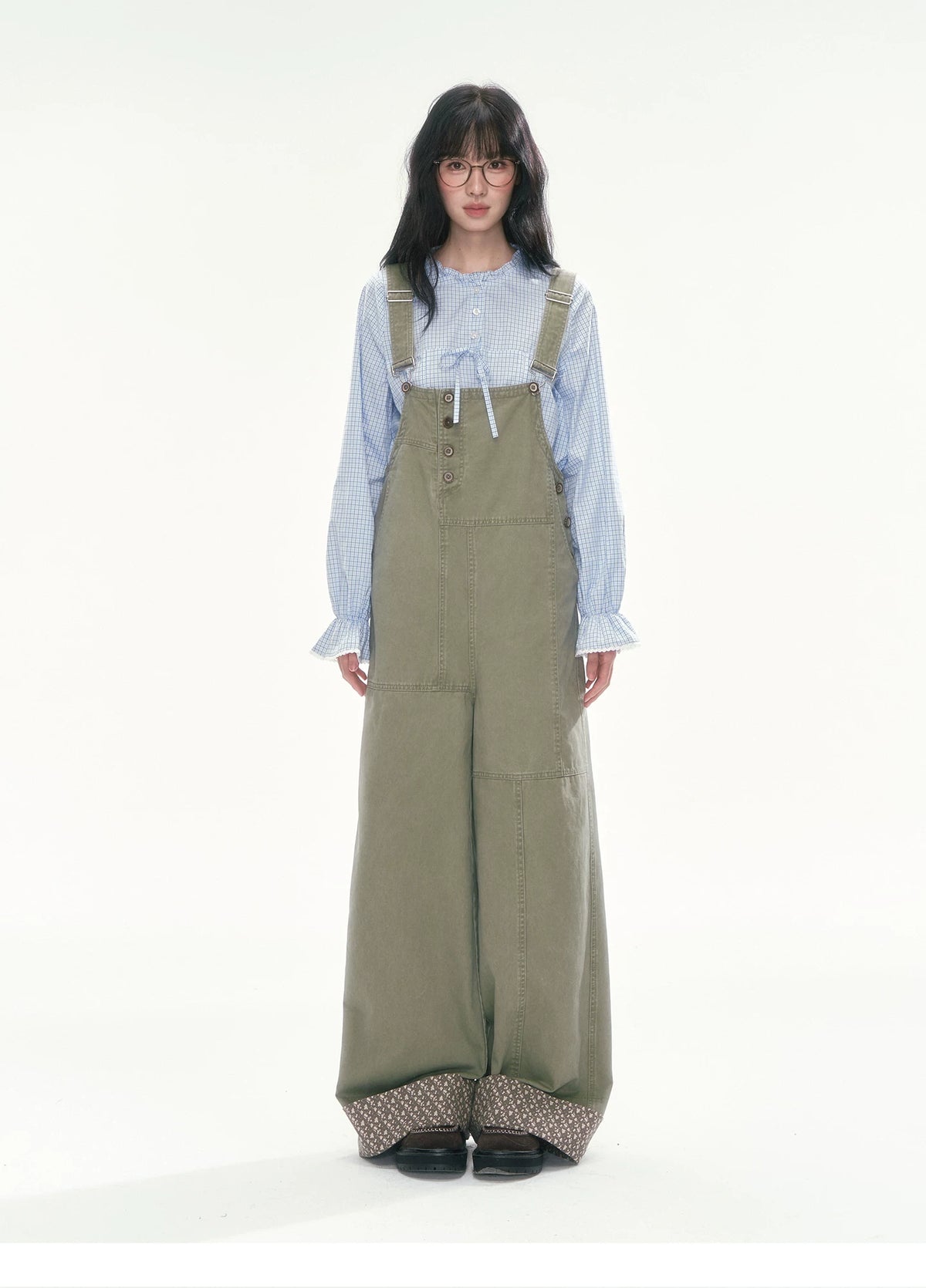 [CAN] Olive Green Floral-Trim Cargo Overalls
