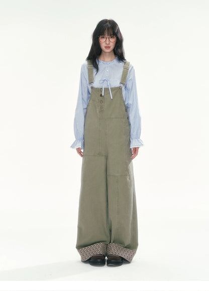 [CAN] Olive Green Floral-Trim Cargo Overalls