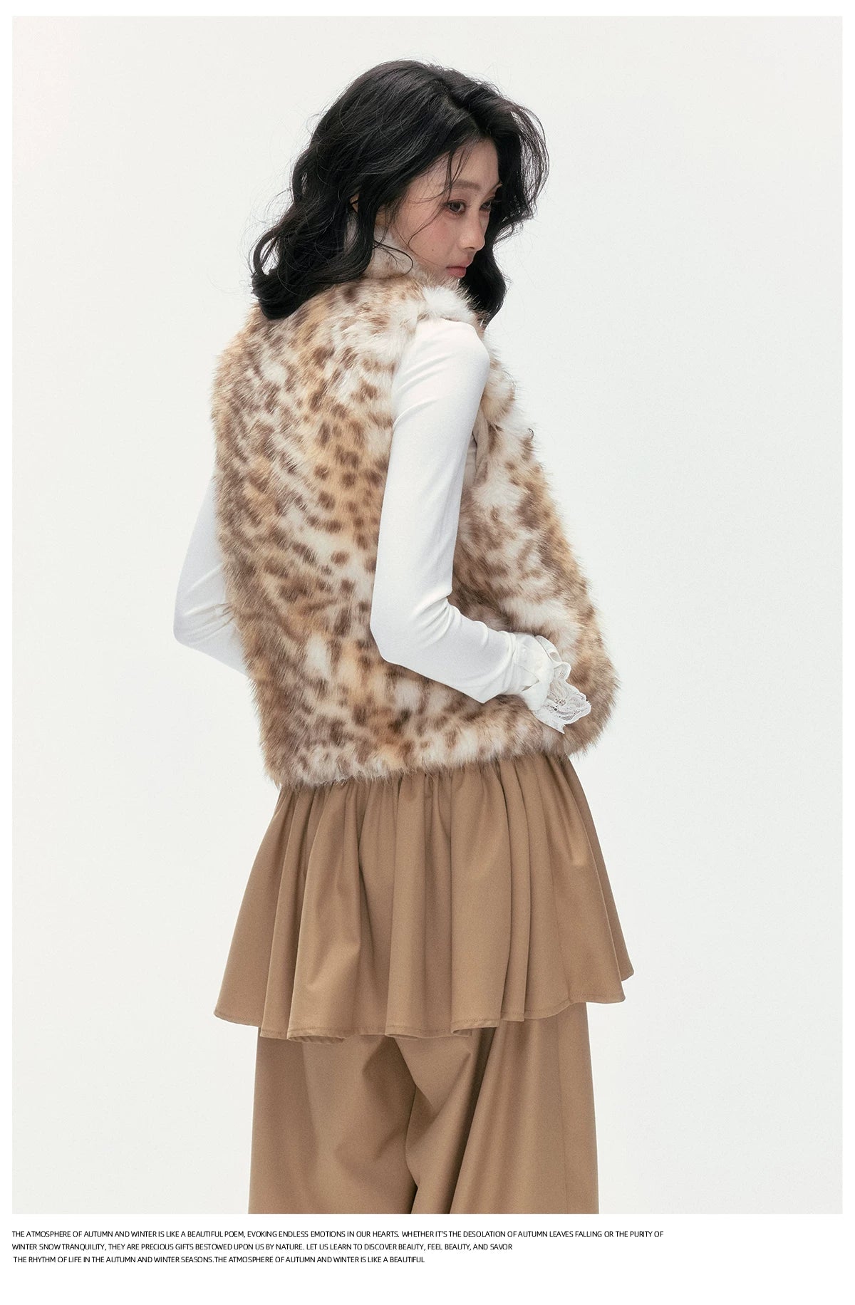 24olvides - Faux Fur Vest with Stand Collar and Toggle Closures (Creamy Leopard Print / Blue-Gray)