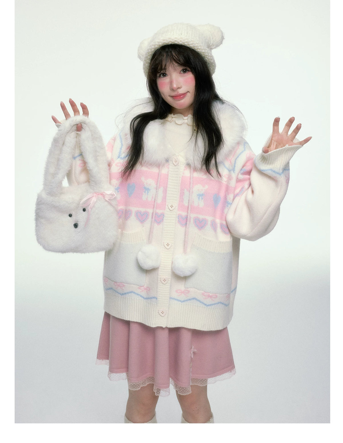 BIBIBENCY - Pink and White Hooded Knit Cardigan with Faux Fur Trim