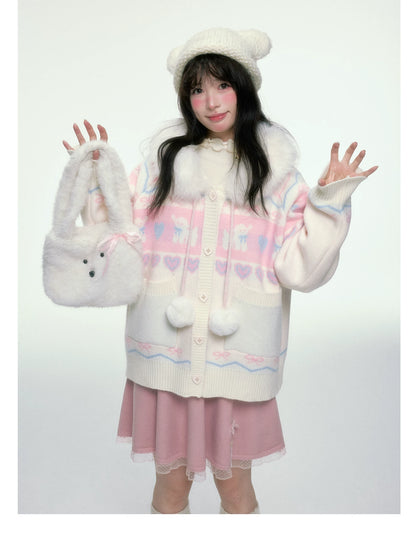 BIBIBENCY - Pink and White Hooded Knit Cardigan with Faux Fur Trim