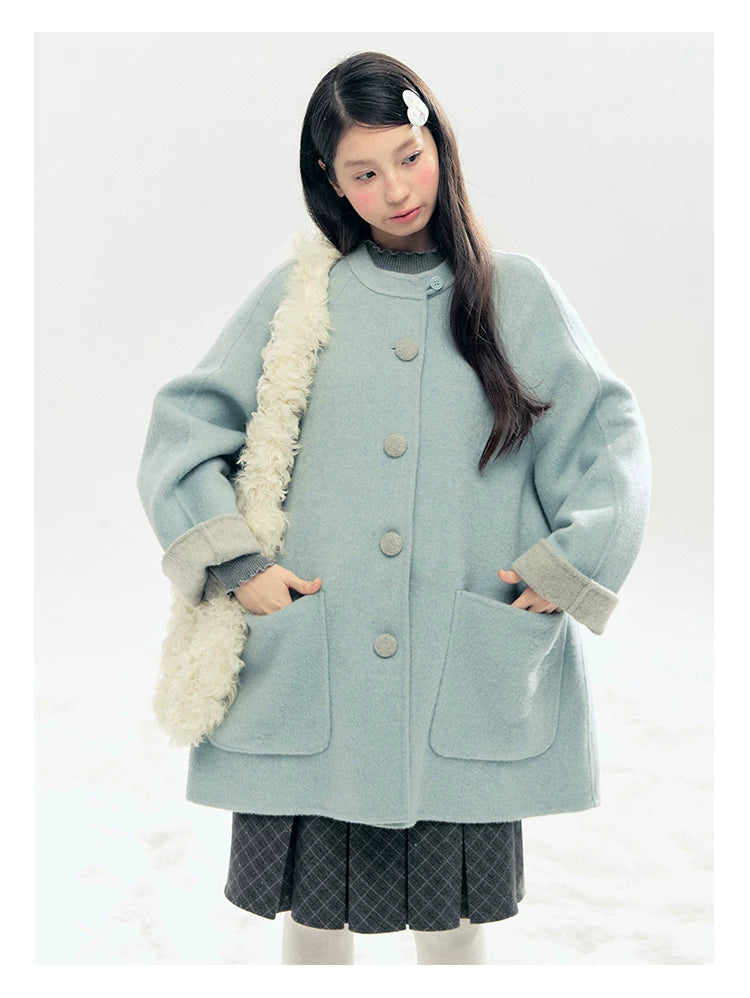 "Double Winter Embrace" Blue & Gray Reversible Wool-Blend Cape Coat