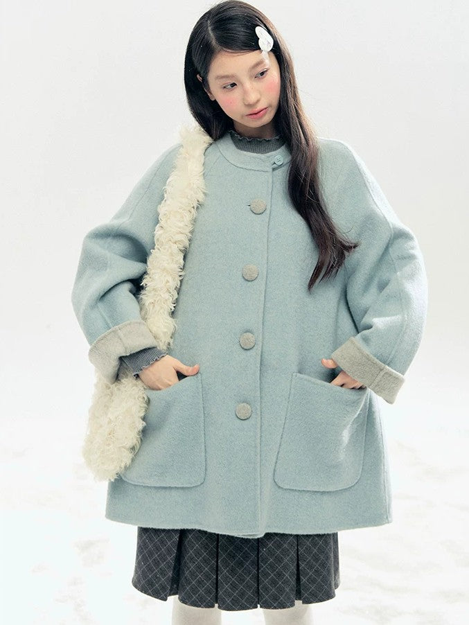 "Double Winter Embrace" Blue & Gray Reversible Wool-Blend Cape Coat