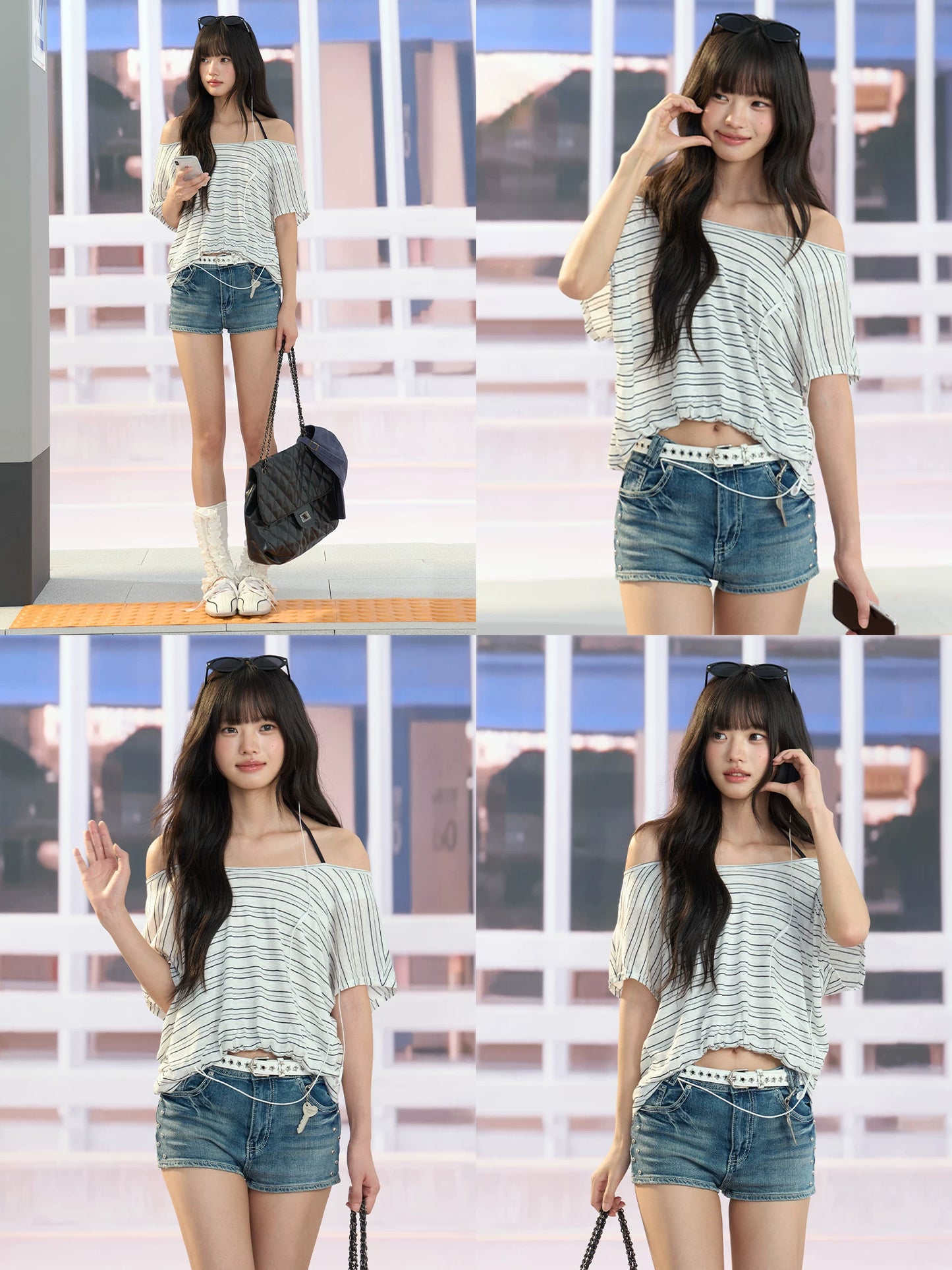 "Coastal Transit" Navy Striped Halter Off-Shoulder Top