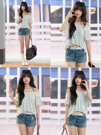 "Coastal Transit" Navy Striped Halter Off-Shoulder Top