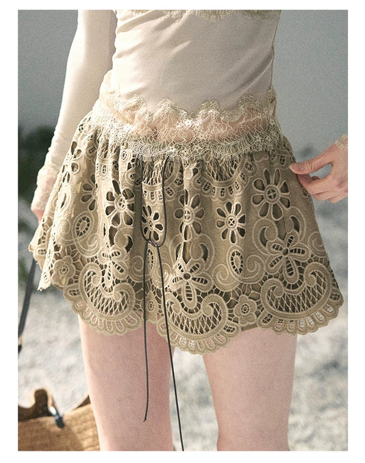 “Lost in Your Embrace” Roasted Pecan Lace Puff Skort