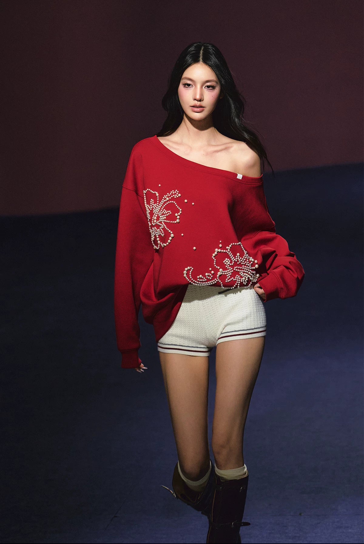 "Pearl Reverie" Pearl Embellished Convertible Off-Shoulder Sweatshirt (Red/ White)
