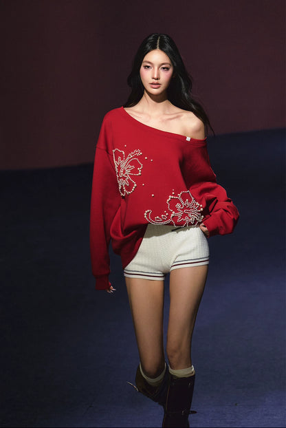 "Pearl Reverie" Pearl Embellished Convertible Off-Shoulder Sweatshirt (Red/ White)