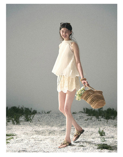 “Summer Light Through Pleats” Ivory Lace Pleated Halter Blouse
