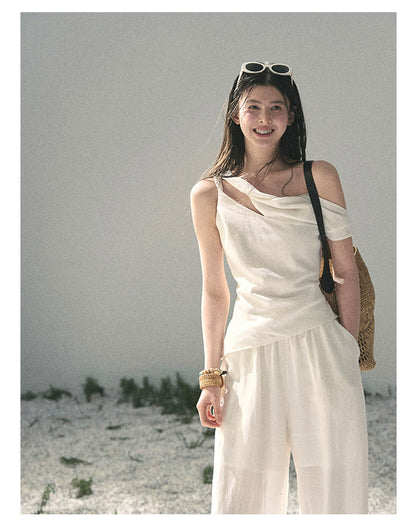 “Cloud Threads Falling at the Shoulder” Ivory Linen-Blend Two-Piece Set