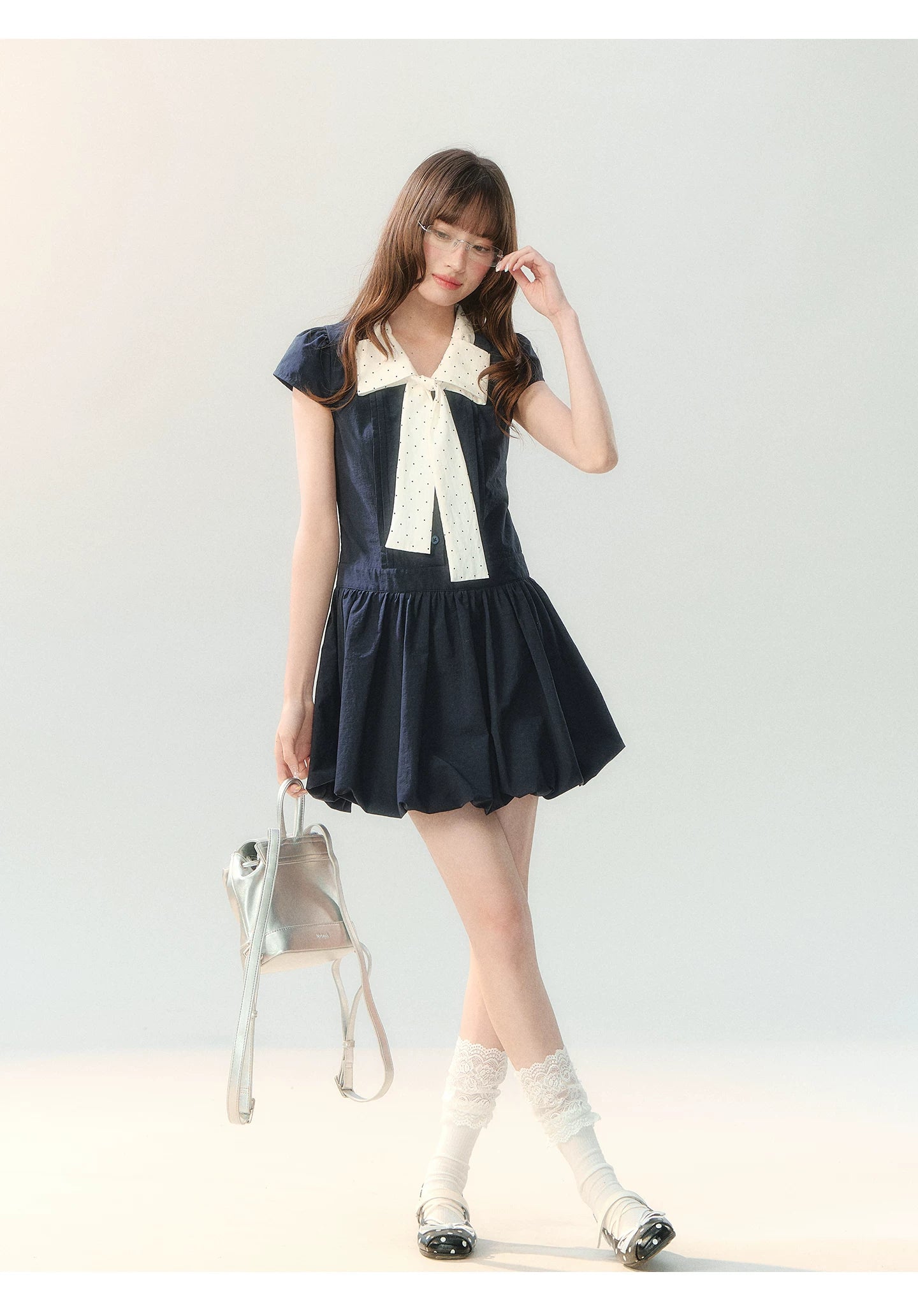 "Midnight Academy Letter" Navy Contrast Collar Dress