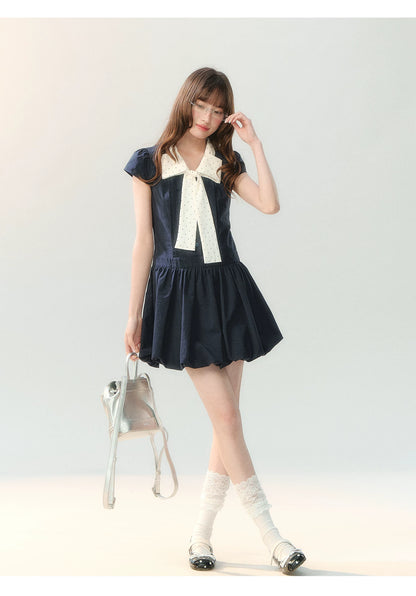 "Midnight Academy Letter" Navy Contrast Collar Dress