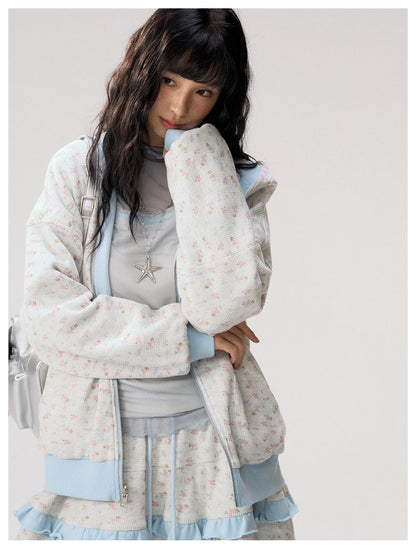 [CAN] "Misty Blue Floral Reverie" Light Blue Floral Set (Reversible Jacket / Sweatpants / Tiered Skirt)