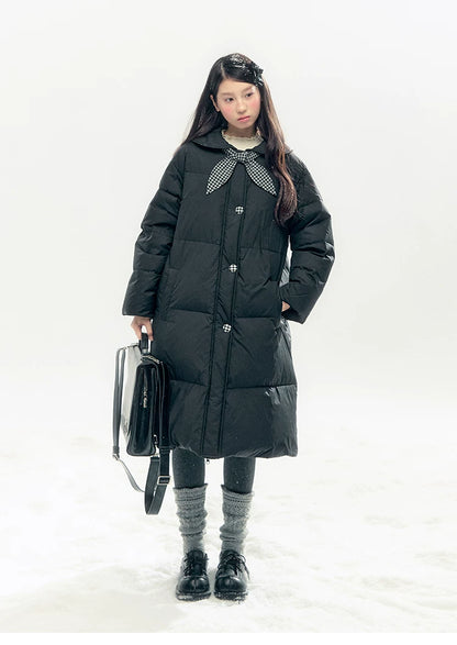"Starry Night Little Witch" Black Long Down Coat with Detachable Bunny Bow Collar