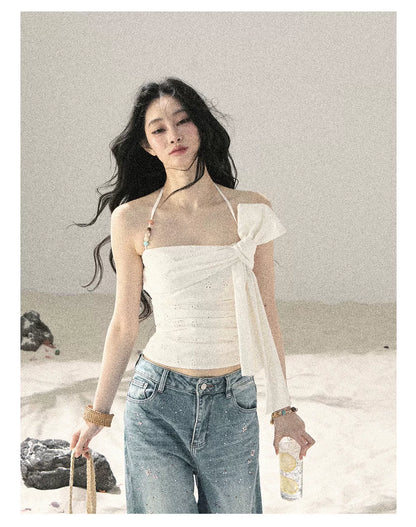"Fragments of Tenderness" Frost White Halter Twist Crop Top