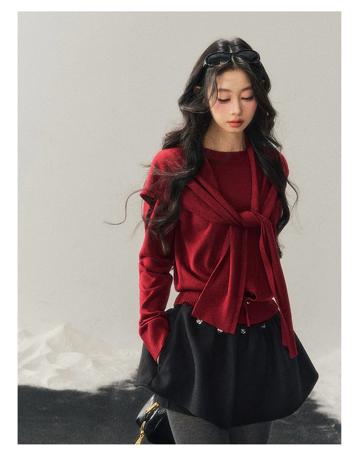 040126 "Orlane Academy" American Preppy Knit Top & Shawl Set - Angora Red