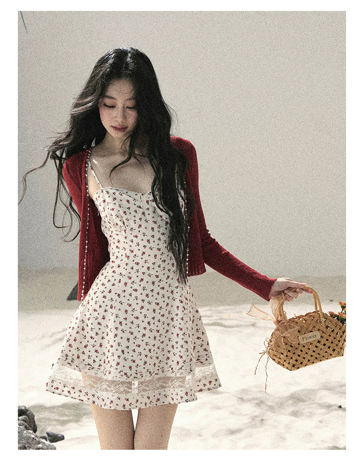 "Blooming Rose Reverie" Cloud White Floral Lace Mini Dress & Burgundy Wine Cardigan 56483