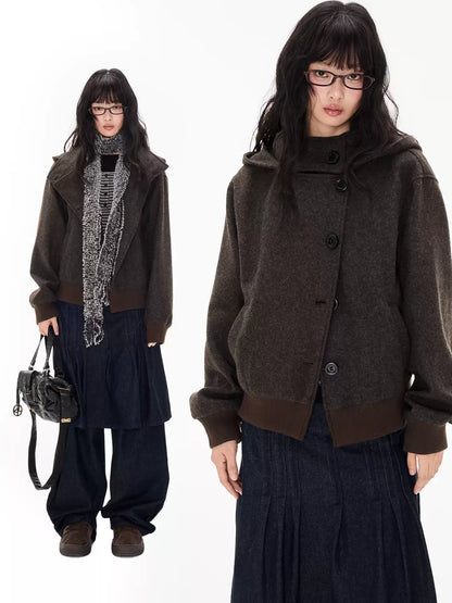 EZEK | Preppy Hooded Wool Blend Jacket with Button Front
