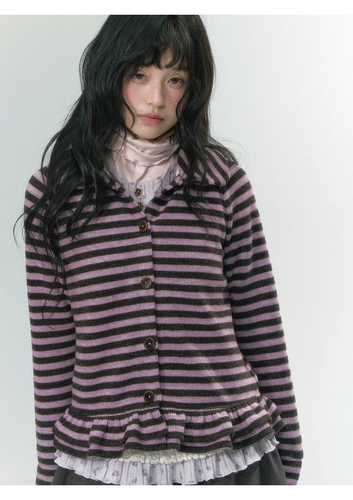 JOVYLLE - Purple Striped Knit Long-Sleeve Layering Top
