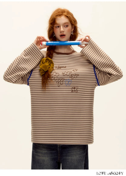 ASGONY - Striped Contrast Embroidered Shell Stitch T-Shirt