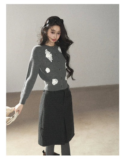 AOMALM - Rich Black Wool-Blend Pleated A-Line Midi Skirt
