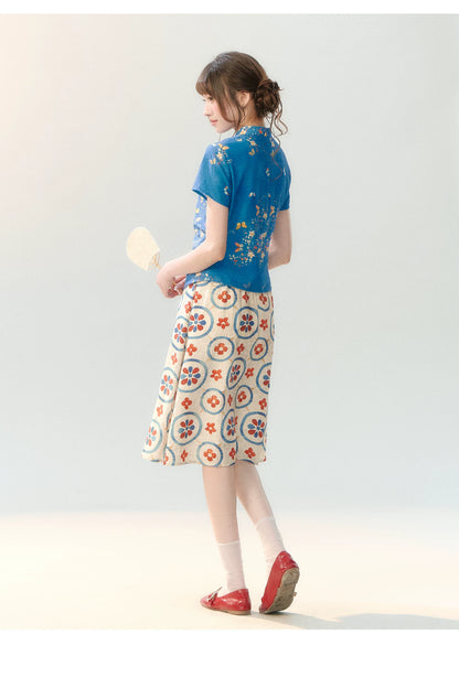 "Garden Letter" Blue Floral New Chinese Two-Piece Skirt Set