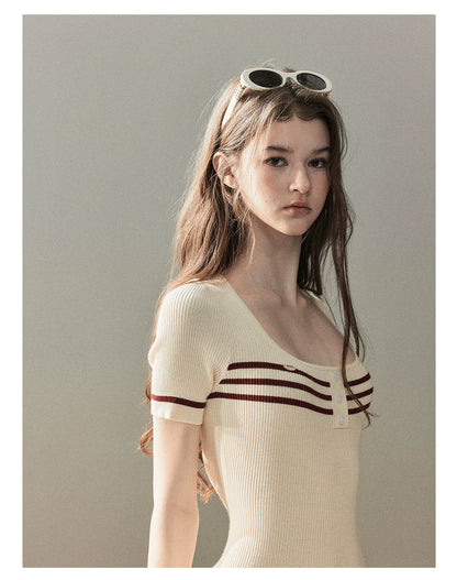 "First Date" Ivory Square Neck Knit Pleated Mini Dress