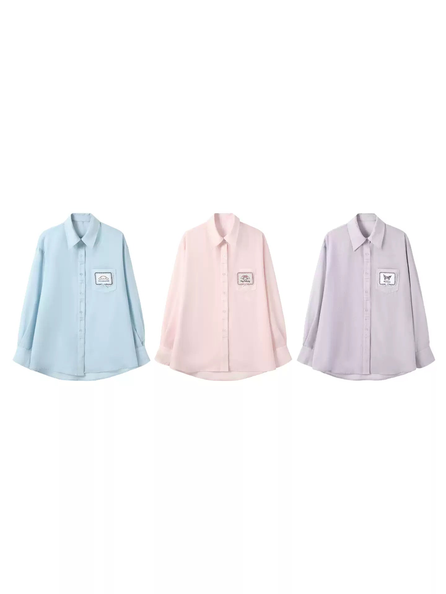 170726K "Campus Icons" Gray Purple Relaxed Polo Overshirt (Kuromi / My Melody / Cinnamoroll)
