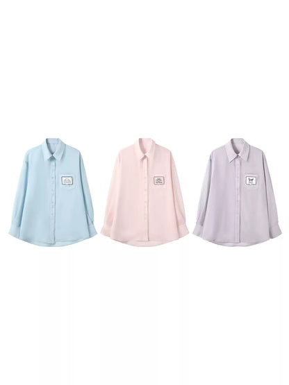 170726K "Campus Icons" Gray Purple Relaxed Polo Overshirt (Kuromi / My Melody / Cinnamoroll)