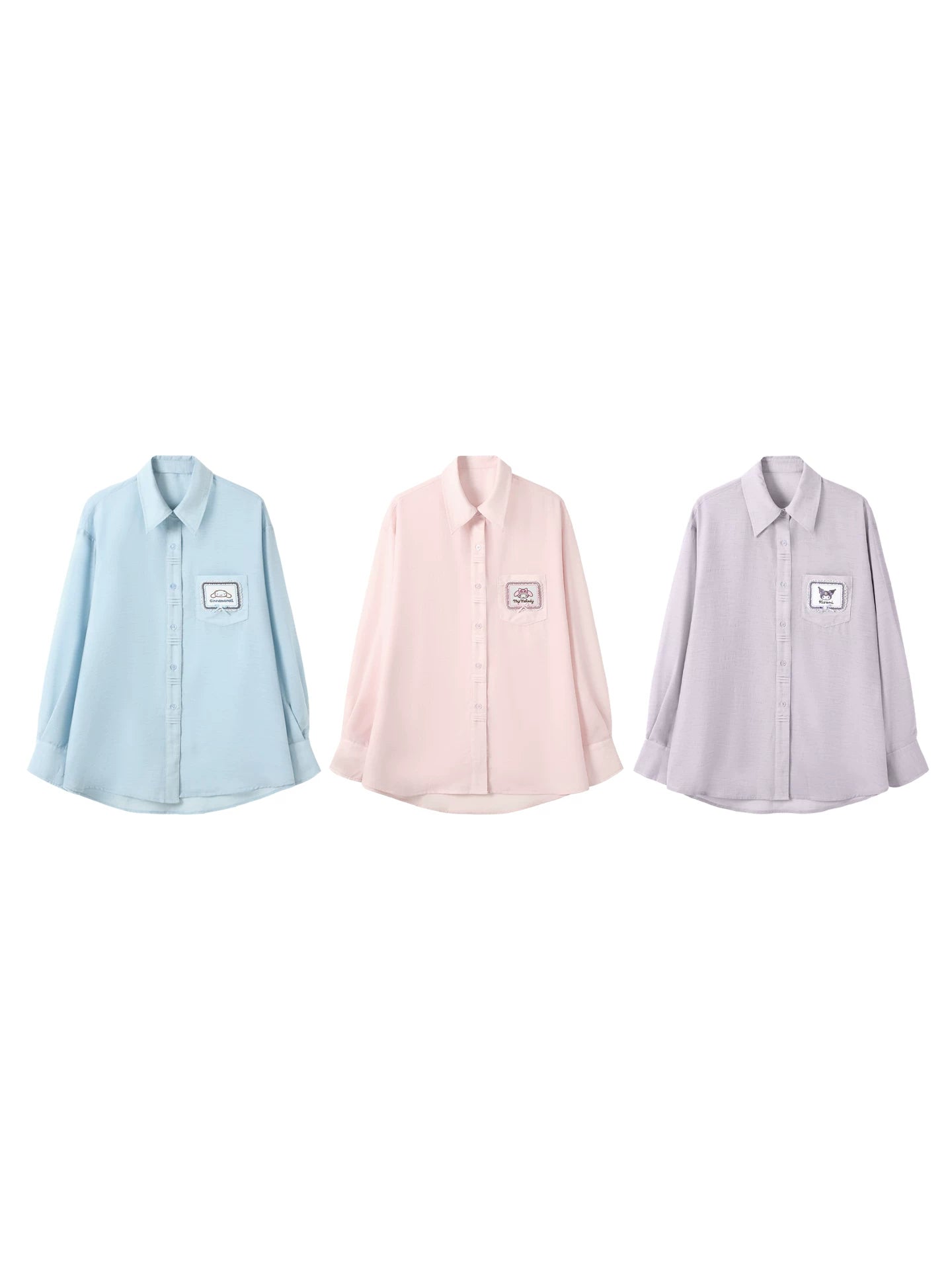170726K "Campus Icons" Gray Purple Relaxed Polo Overshirt (Kuromi / My Melody / Cinnamoroll)