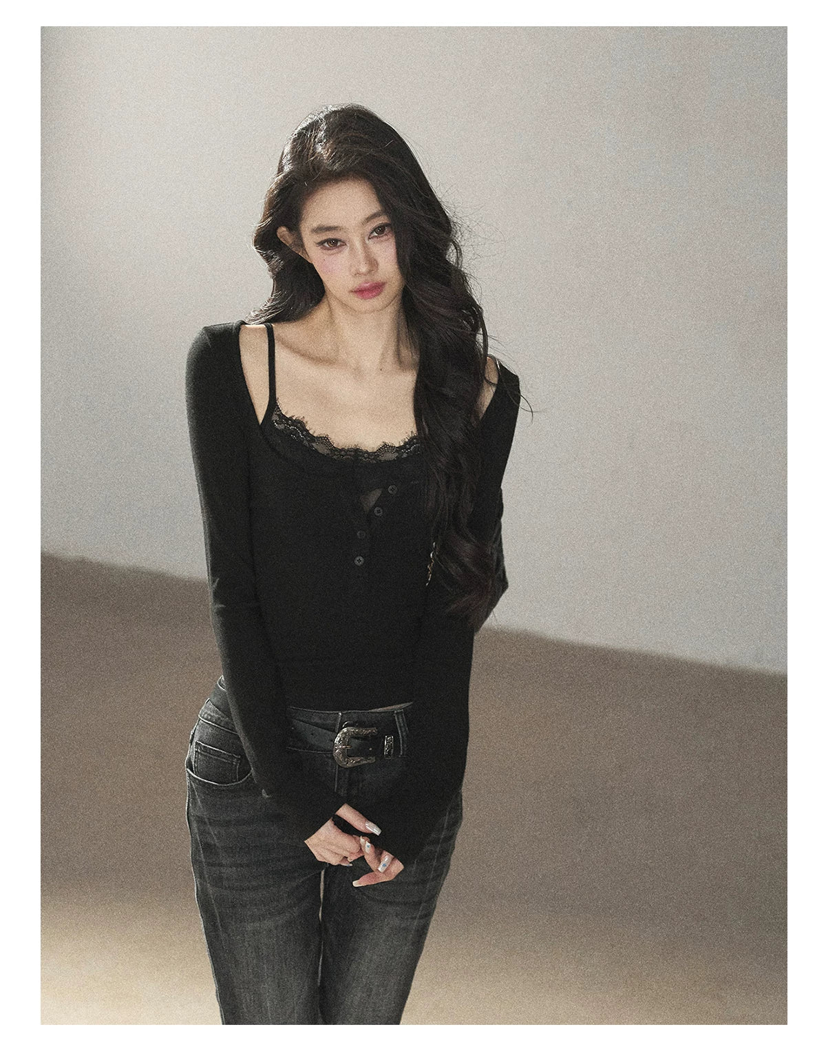 AOMALM - "Dappled Tree Shadows" Serene Black Korean Lace Camisole Long-Sleeve Top Set