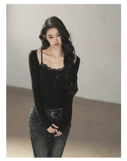 AOMALM - "Dappled Tree Shadows" Serene Black Korean Lace Camisole Long-Sleeve Top Set