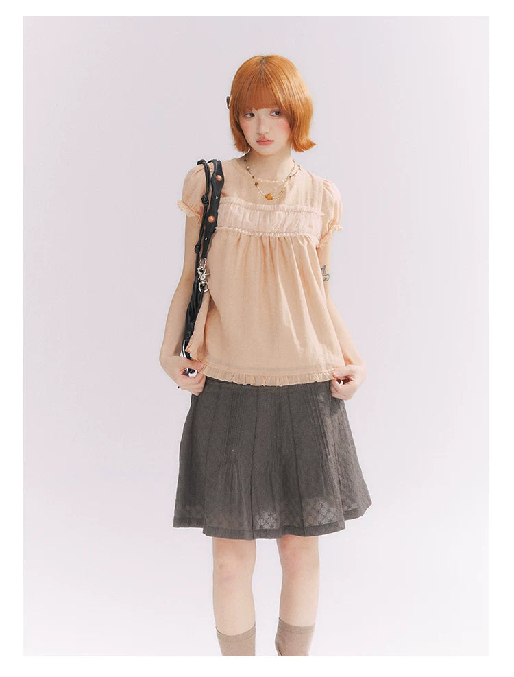 “Misty Texture” Gray Plaid Trim Embroidered A-Line Skirt