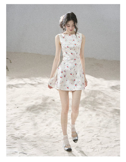 "Where Every Bloom Begins" Dutch Cream Floral Satin Puff Mini Dress (With Matching Scrunchie)