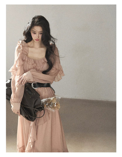 AOMALM - "Waiting for Sunset" Soft Pink French Ruffle Maxi Dress with Belt