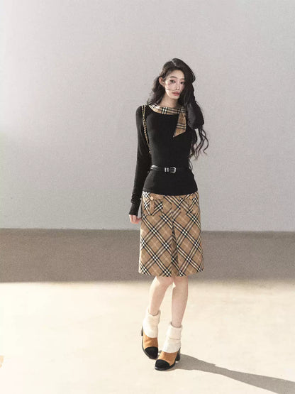 AOMALM - Black Knit Top & Light Smoky Brown Plaid Skirt Set with Belt