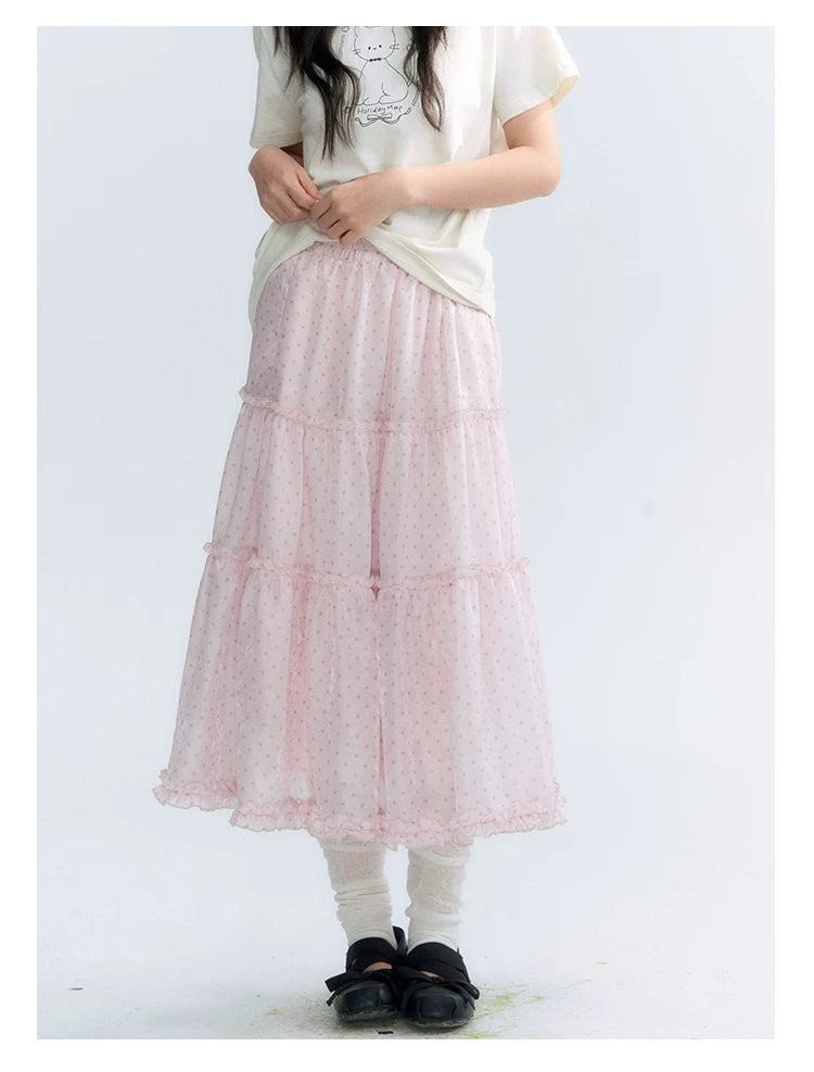 "Bubble Dream" Pink Lavender Polka Dot Tiered Midi Skirt