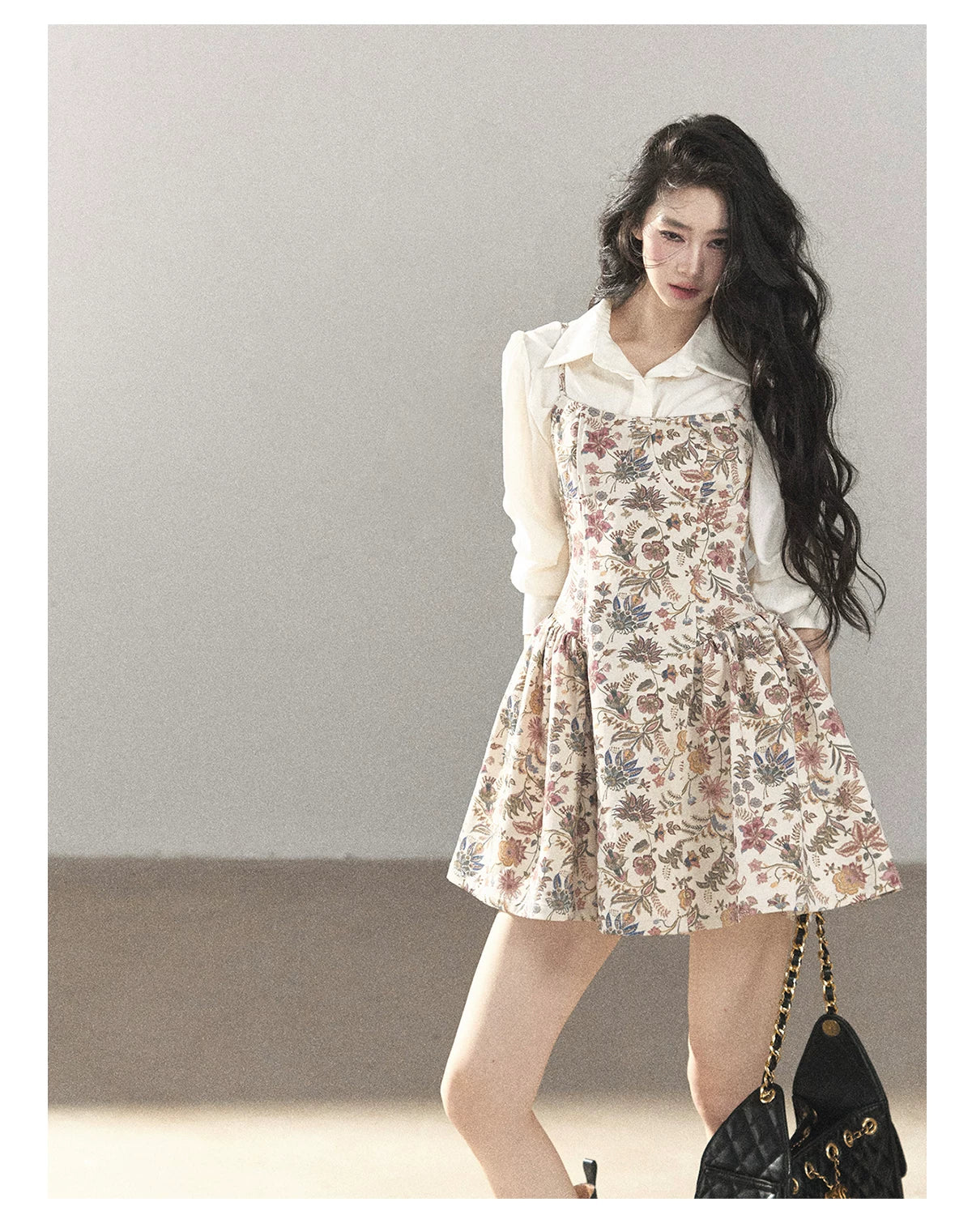 AOMALM - Dutch Cheese Floral Mini Dress & Creamy White Blouse Set