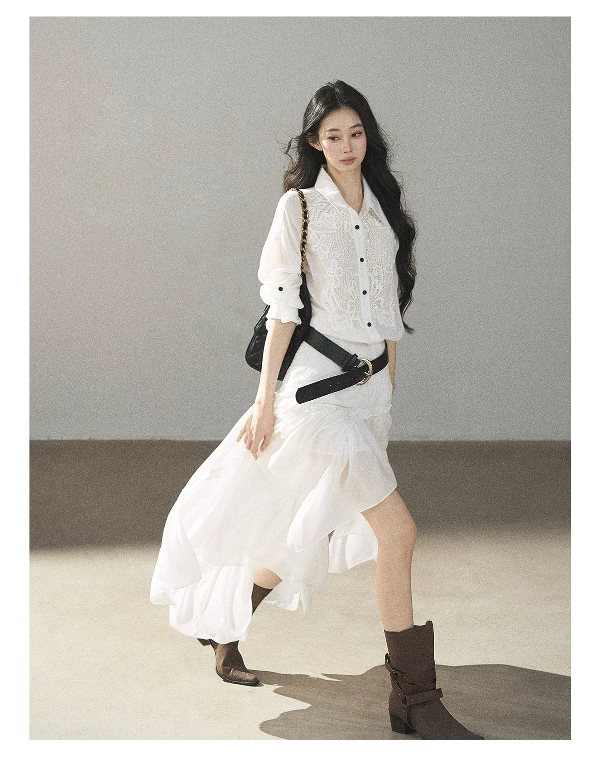 AOMALM - “Her Hemline” White Lace Shirt Dress with Belt