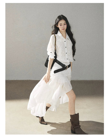AOMALM - “Her Hemline” White Lace Shirt Dress with Belt