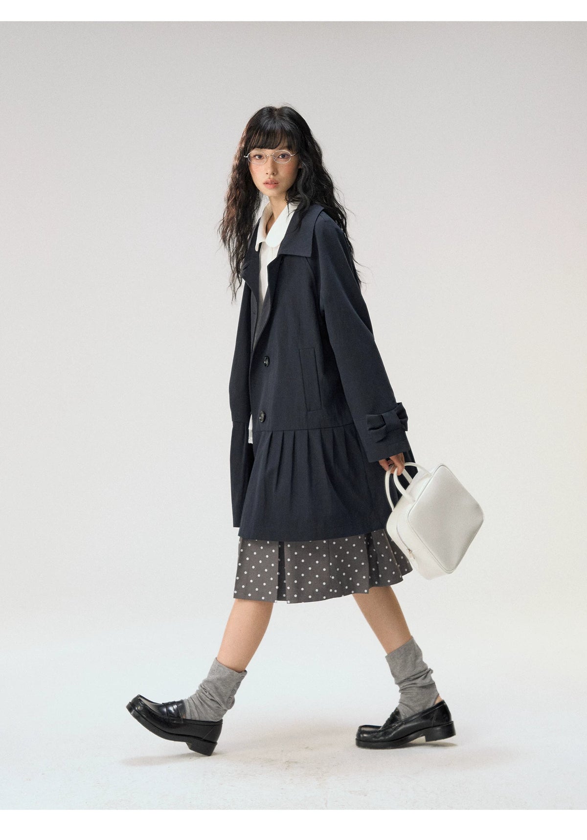 [CAN] "Azure Echoes" Navy Double-Breasted Bow Long Trench Coat