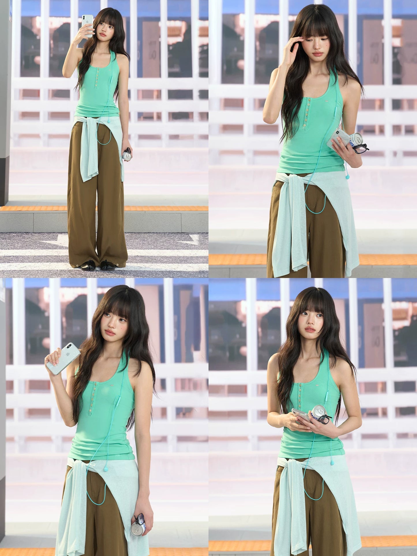 "Urban Departure" Green Henley Halter Tank Top