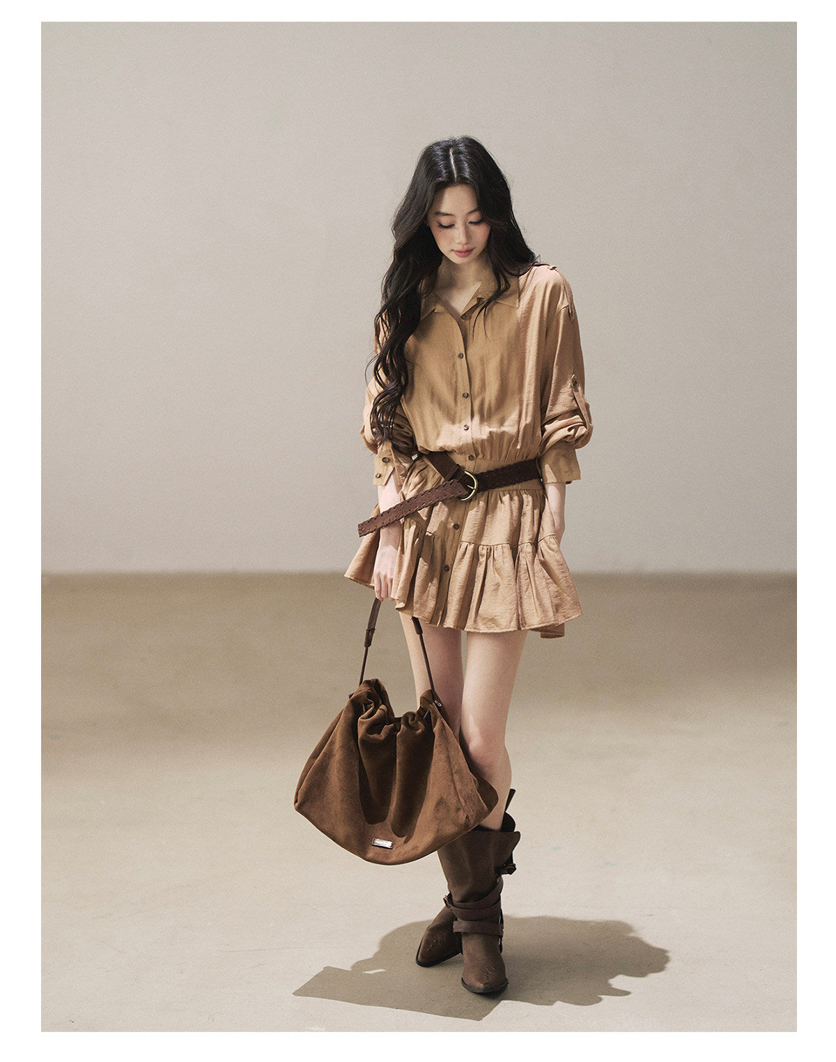 170726 "Through the Golden Wheat Fields" Chestnut Brown Utility Shirt Mini Dress with Belt & Shorts