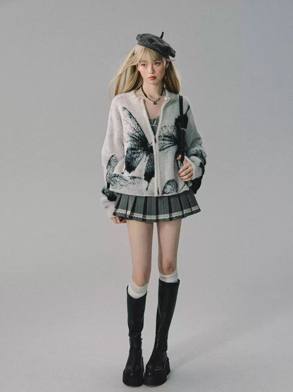 OAKMOO/ "Butterfly Gently Lands" Jacquard Double-Zip Knit Cardigan