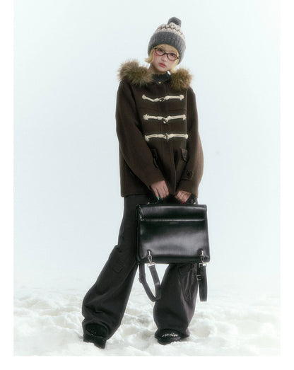 Horridale - Dark Coffee Brown Cropped Hooded Toggle Coat with Detachable Faux Fur Collar